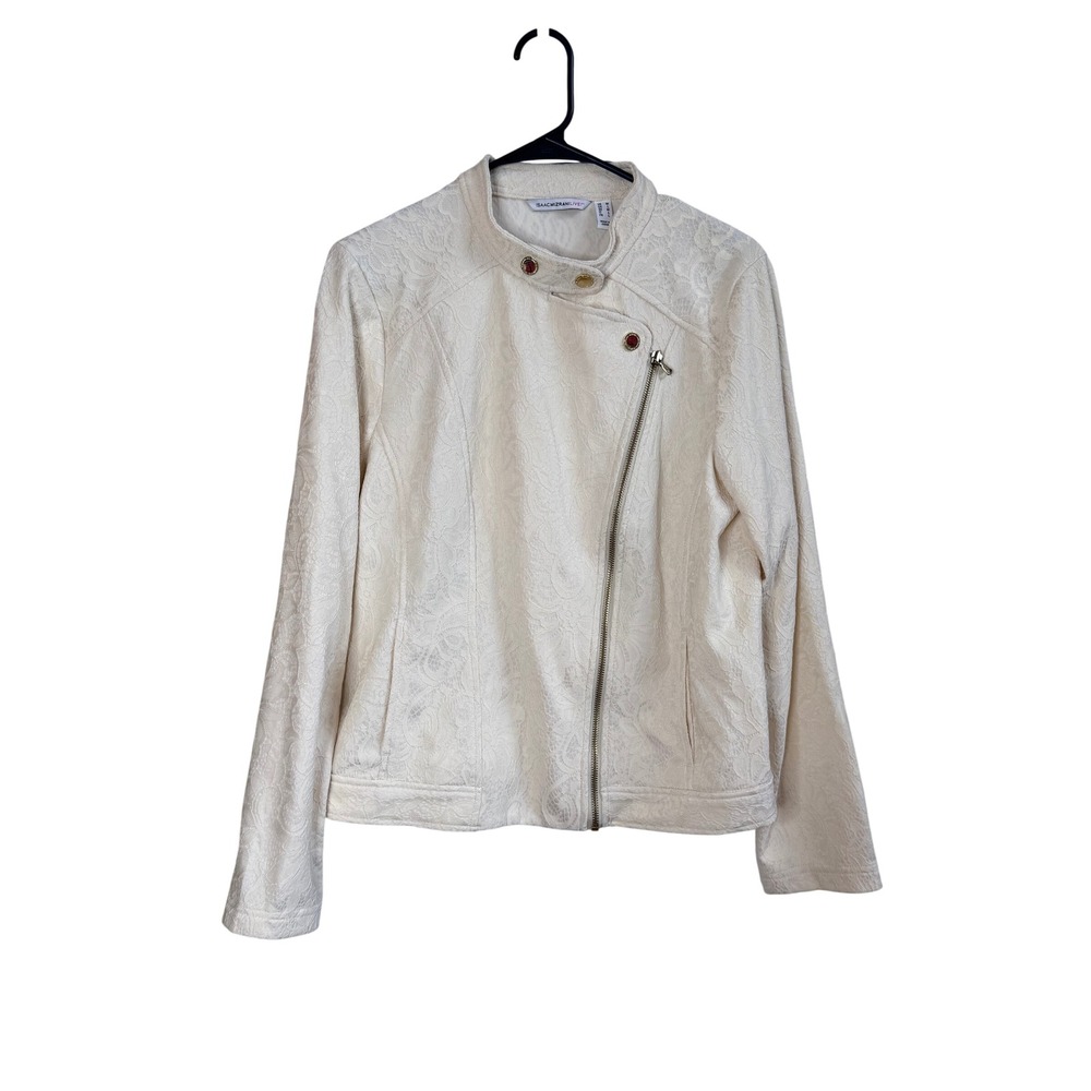 Isaac Mizrahi Live Cream Floral Lace Moto Jacket Asymmetrical Zip Gold Snap M